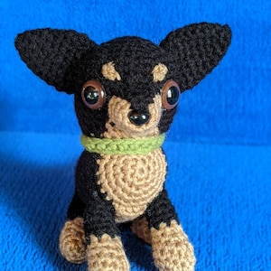 Crocheted Dog, Tan/Black Colored Chihuahua,  Male named Oliver With Crocheted Ball.