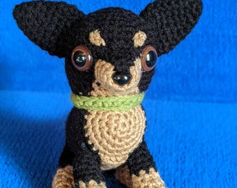 Crocheted Dog, Tan/Black Colored Chihuahua,  Male named Oliver With Crocheted Ball.