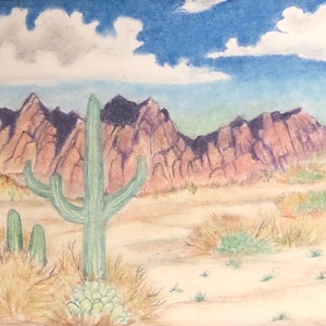 May include: A watercolor painting of a desert landscape with mountains in the background and cacti in the foreground. The sky is blue with a single white cloud. The mountains are a mix of purple and brown, and the cacti are green.