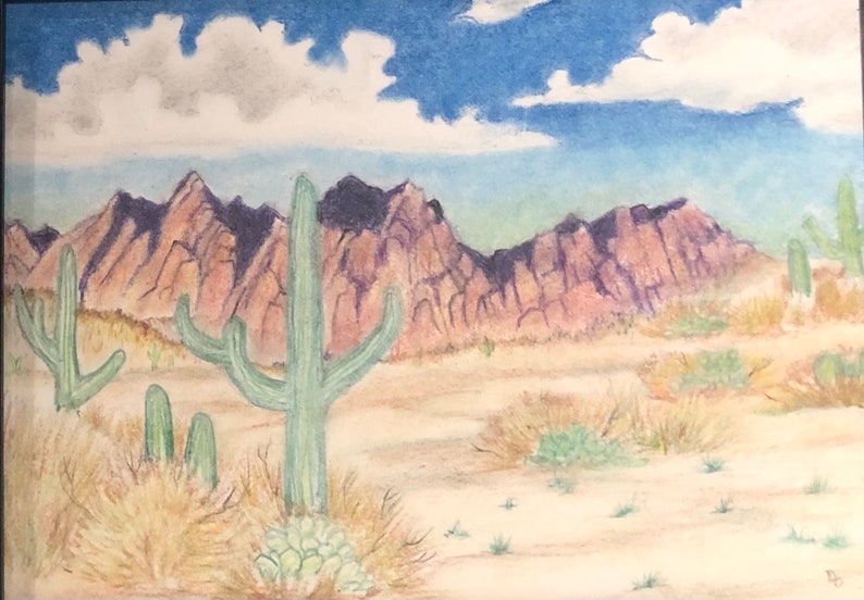 May include: A watercolor painting of a desert landscape with mountains in the background and cacti in the foreground. The sky is blue with a single white cloud. The mountains are a mix of purple and brown, and the cacti are green.