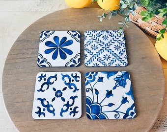 Santorini Blue Tile Coasters, Mediterranean Coasters, Blue and White Coasters, Greek Coasters