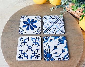 Santorini Tile Coasters: Mediterranean Blue and White Watercolor Coasters