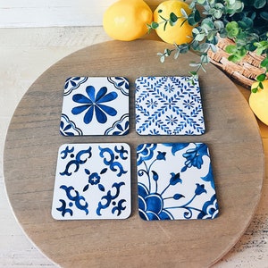Santorini Tile Coasters: Mediterranean Blue and White Watercolor Coasters