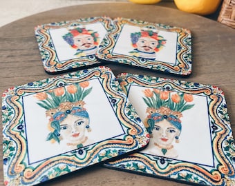 Sicilian Testa di Moro Coasters, Mediterranean Decor, Set of 4