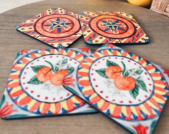 Sicilian Carretto Coasters: Mediterranean Watercolor Style, Set of 4