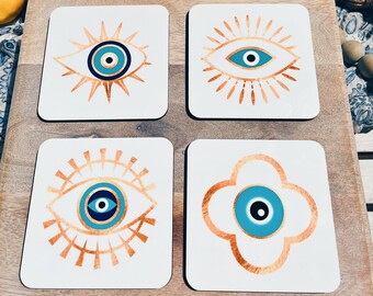 Evil Eye Coasters | set of 4 cork back coasters | Greek Inspired | bar accessories | Mati