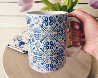 Mediterranean Tile Mug: Blue & Gold Watercolor Design, 15 oz.