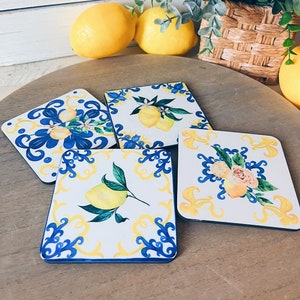 Amalfi Lemon Tile Coasters, Italian MaiolicaTile Coaster, Mediterranean Coasters, blue and white Coasters, Mediterranean Bridal Shower