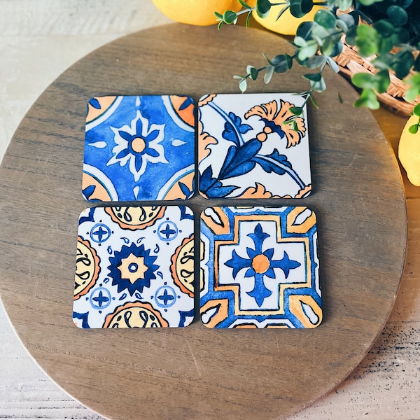 Mediterranean Tile Coasters: Vibrant Watercolor Designs, Set of 4