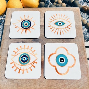 Evil Eye Coasters | set of 4 cork back coasters | Greek Inspired | bar accessories | Mati