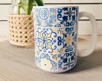 Mediterranean Tile Mug: Blue & Yellow Floral Design (15 oz)