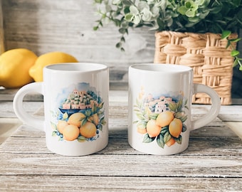 Positano Dream Espresso cups, set of 4, Gift Set, watercolor espresso cups, 3 oz. espresso cups with matching coasters