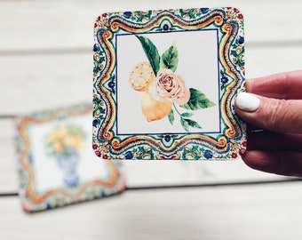 Sicilian Lemon Coasters: Mediterranean Watercolor Style, Set of 4