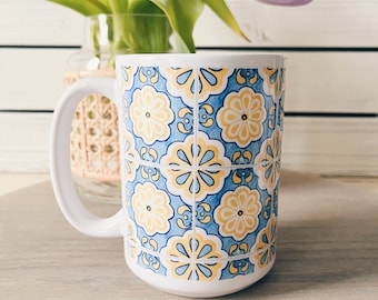 Mediterranean Floral Tile Mug: Blue & Yellow Watercolor, 15 oz.