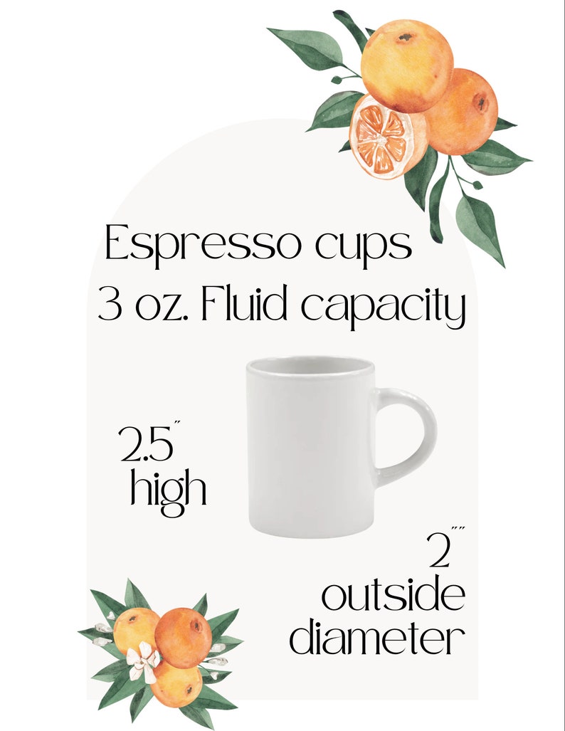 Op de afbeelding: Een wit espresso kopje met een hoogte van 6,35 cm en een buitendiameter van 5,08 cm. Het kopje heeft een inhoud van 88,7 ml. De afbeelding bevat tekst die "Espresso cups 3 oz. Fluid capacity 2.5 high 2 outside diameter" zegt.