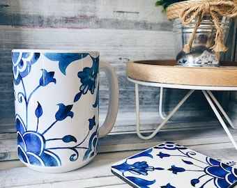 Santorini Tile Mug: Mediterranean Blue Floral, 15 oz