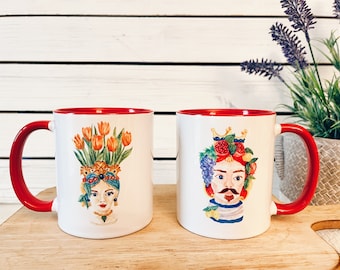 Testa di Moro Ceramic Mug, Sicilian Italian Decor, Red Handle