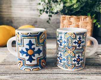 Mediterranean Tile Espresso Cups: Blue & Gold Ceramic Set
