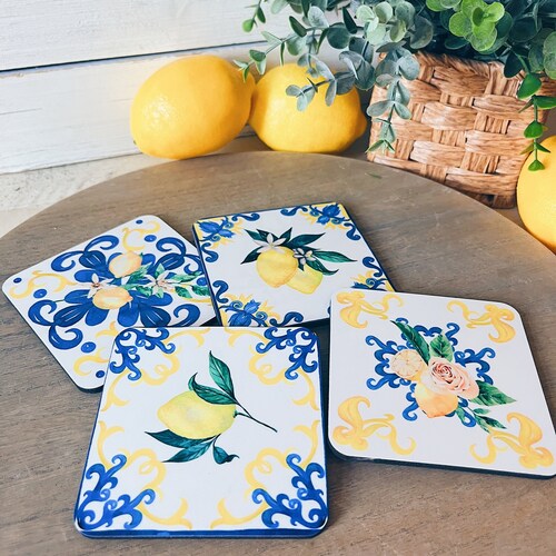 Amalfi Lemon Tile Coasters: Mediterranean Bridal Shower Decor