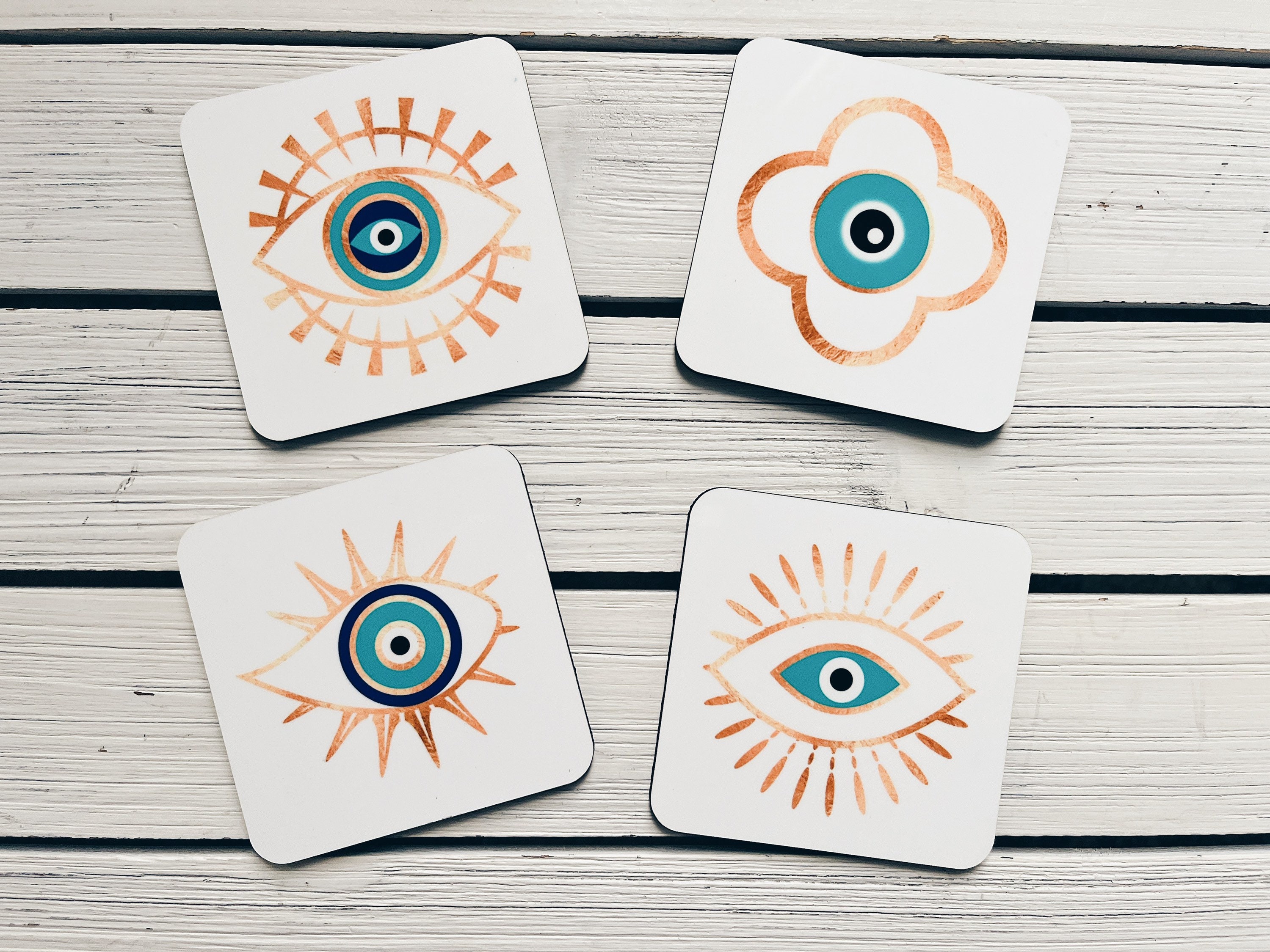 Evil Eye Coasters | Set of 4 Cork Back Coasters | Greek Inspired | Bar ...