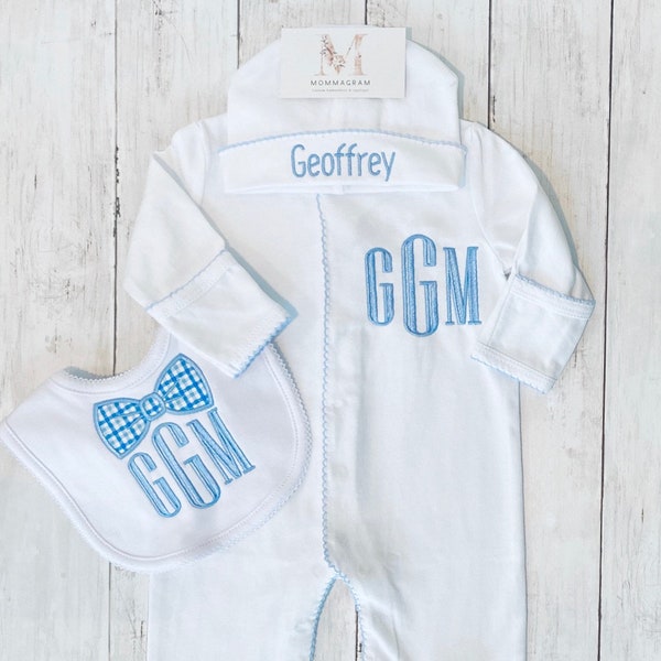 Inventory Closeout: Organic Cotton Monogrammed Footie with Blue Trim, Baby Boy Personalized Footie, Hat and Bib, Coming Home Outfit