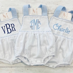 Seersucker Blue Stripe Sunsuit, White Seersucker Sunsuit, Monogrammed Baby Boy Outfit, Baby Gift, First Birthday Outfit, Summer Outfit