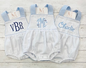 Seersucker Blue Stripe Sunsuit, White Seersucker Sunsuit, Monogrammed Baby Boy Outfit, Baby Gift, First Birthday Outfit, Summer Outfit