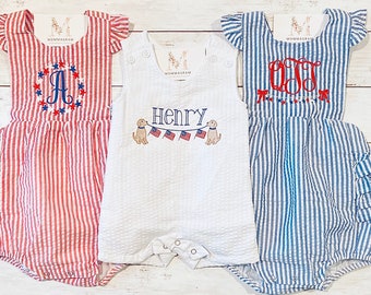 Patriotic Seersucker Baby Girl and Boy Sunsuits, 4th of July Outfit, Monogrammed Baby Girl and Boy Clothes, Personalized Baby Outfits