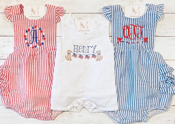 Patriotic Seersucker Baby Girl and Boy Sunsuits Patriotic