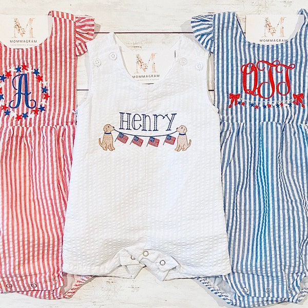 Patriotic Seersucker Baby Girl and Boy Sunsuits, 4th of July Outfit, Monogrammed Baby Girl and Boy Clothes, Personalized Baby Outfits