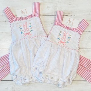 Seersucker Pink Stripe Bubble, Monogrammed Baby Girl Clothes, Personalized Girl Clothes, Baby Gift, First Birthday Outfit, Easter Outfit