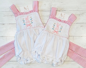 Seersucker Pink Stripe Bubble, Monogrammed Baby Girl Clothes, Personalized Girl Clothes, Baby Gift, First Birthday Outfit, Easter Outfit