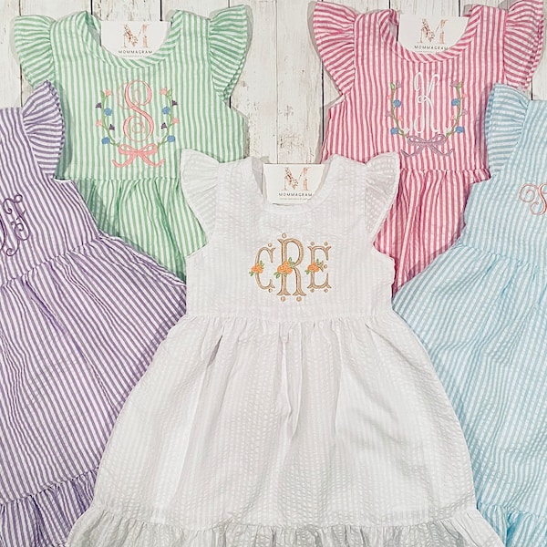 Vestido de verano Seersucker personalizado, vestido monograma, vestido personalizado, vestido de niña, regalo de niña, blanco, rosa, verde, agua, púrpura