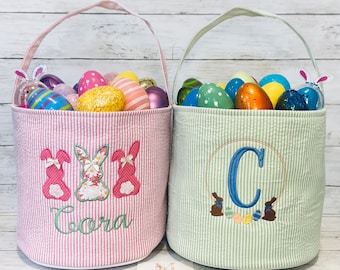 Personalized Seersucker Easter Buckets, Boy and Girl Easter Baskets, Monogrammed Easter Baskets, Customized Easter Baskets
