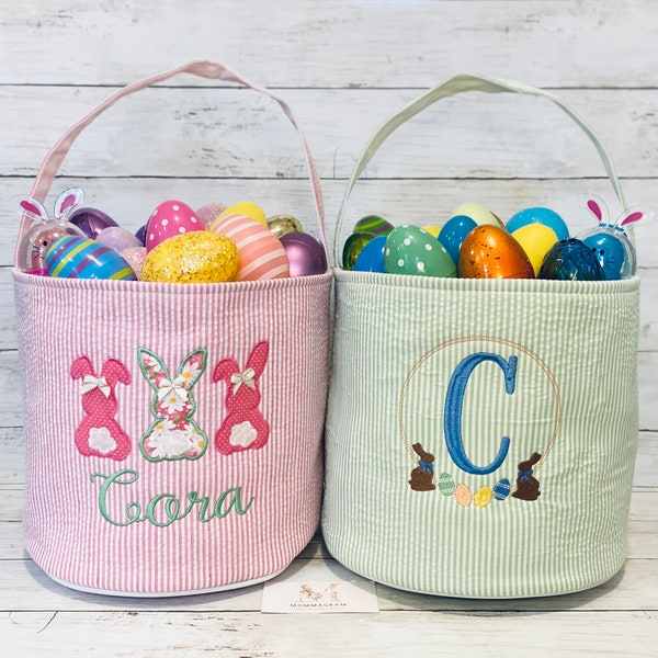 Personalized Seersucker Easter Buckets, Boy and Girl Easter Baskets, Monogrammed Easter Baskets, Customized Easter Baskets