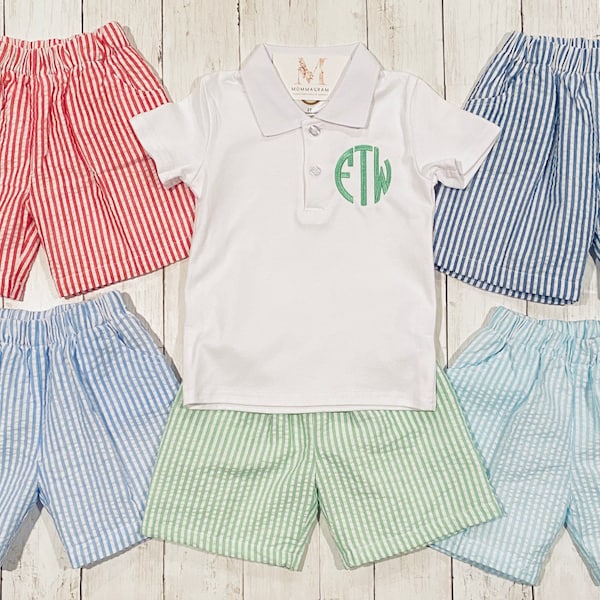 Boys Polo and Seersucker Shorts Set, Monogrammed Polo, Seersucker Shorts, Personalized Polo and Shorts Set, Baby Gift, Boy Gift