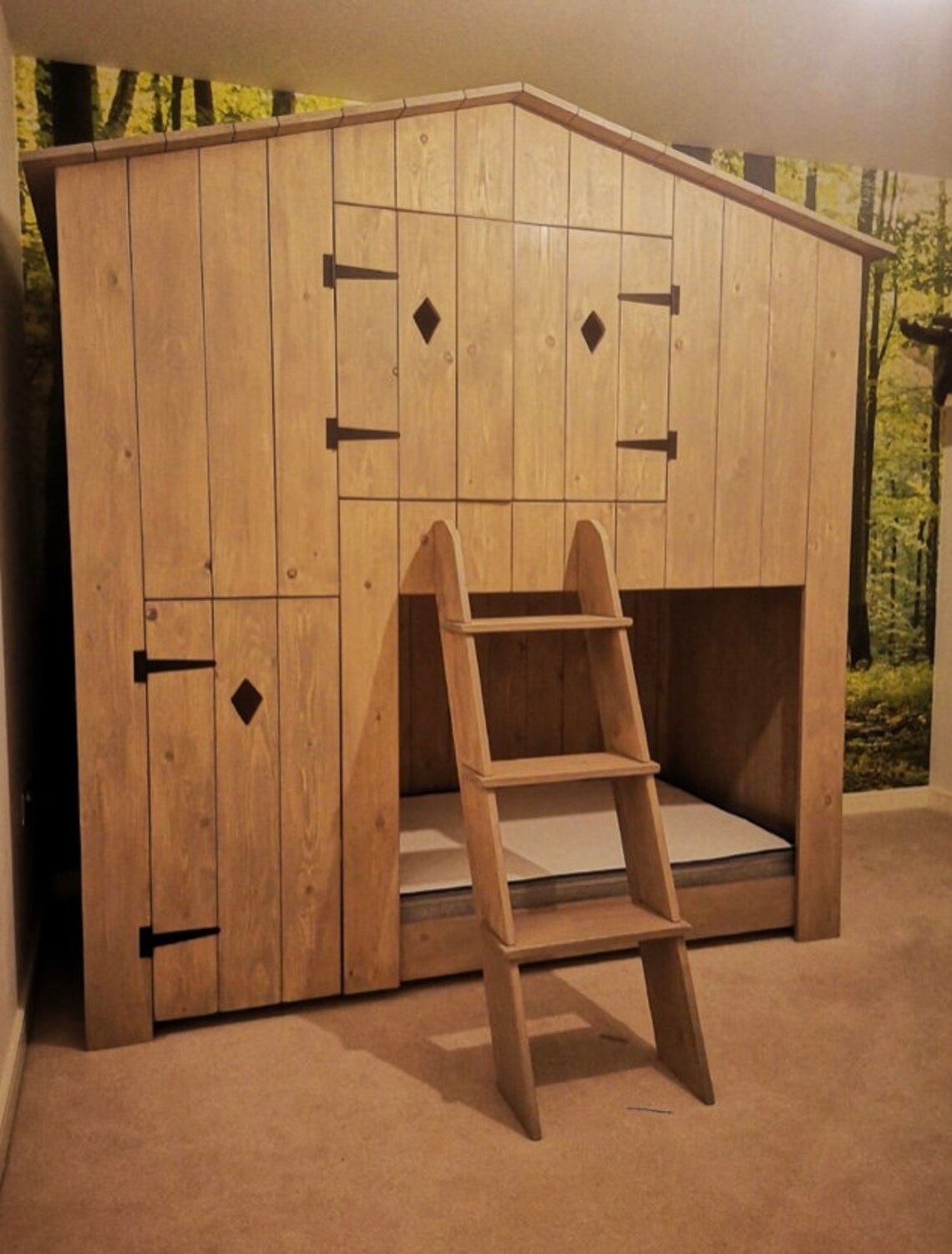 Handmade Cabin Tree House Bunk Bed With Roof, Ladder and Shutter Doors