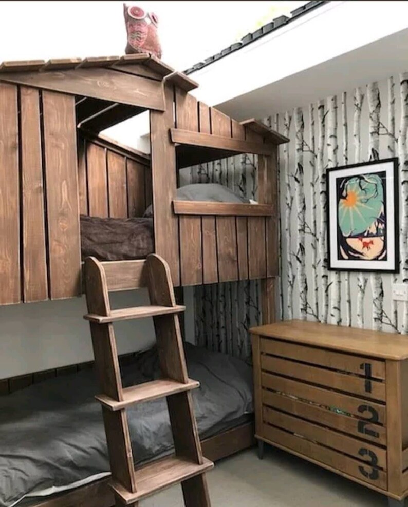 Kids / Childrens Treehouse Bunk Bed. Handmade Solid Wooden House Bed