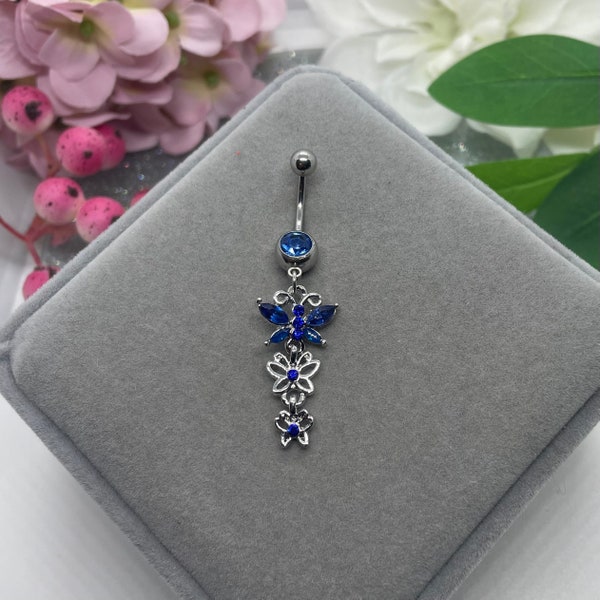 Blue Crystal Butterfly Belly Bar, Butterfly Belly Bar, Crystal Belly Bar, Dangle Belly Bar, Body Jewellery, Belly Bar