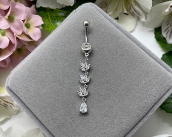 Crystal Belly Bar, Silver Dangle Belly Bar, Silver Belly Bar, Belly Piercing, Navel Bar, Body Jewelry, Belly Ring, Belly Bar