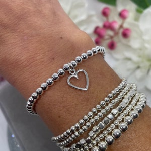Sterling Silver Beaded Bracelet, Silver Beaded Bracelet, Bracelets for Women, Gift for Her, Silver Heart Bracelet, Silver Bracelet