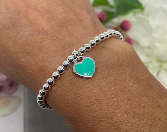 Sterling Silver Beaded Bracelet, Silver Bead Bracelet, Bracelet for Women, Heart Charm Bracelet, Minimalist Bracelet, Silver Bracelet, Gift