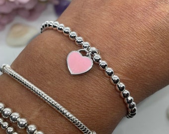 Sterling Silver Beaded Bracelet, Heart Bracelet, Charm Bracelet, Bracelet for Women, Silver Bracelet, Gift for Her