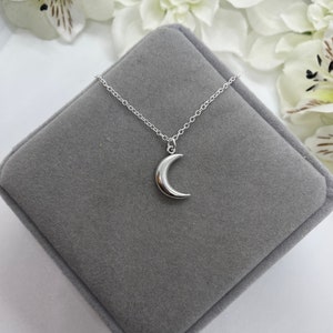 May include: A silver crescent moon pendant necklace on a silver chain, displayed on a gray velvet box.