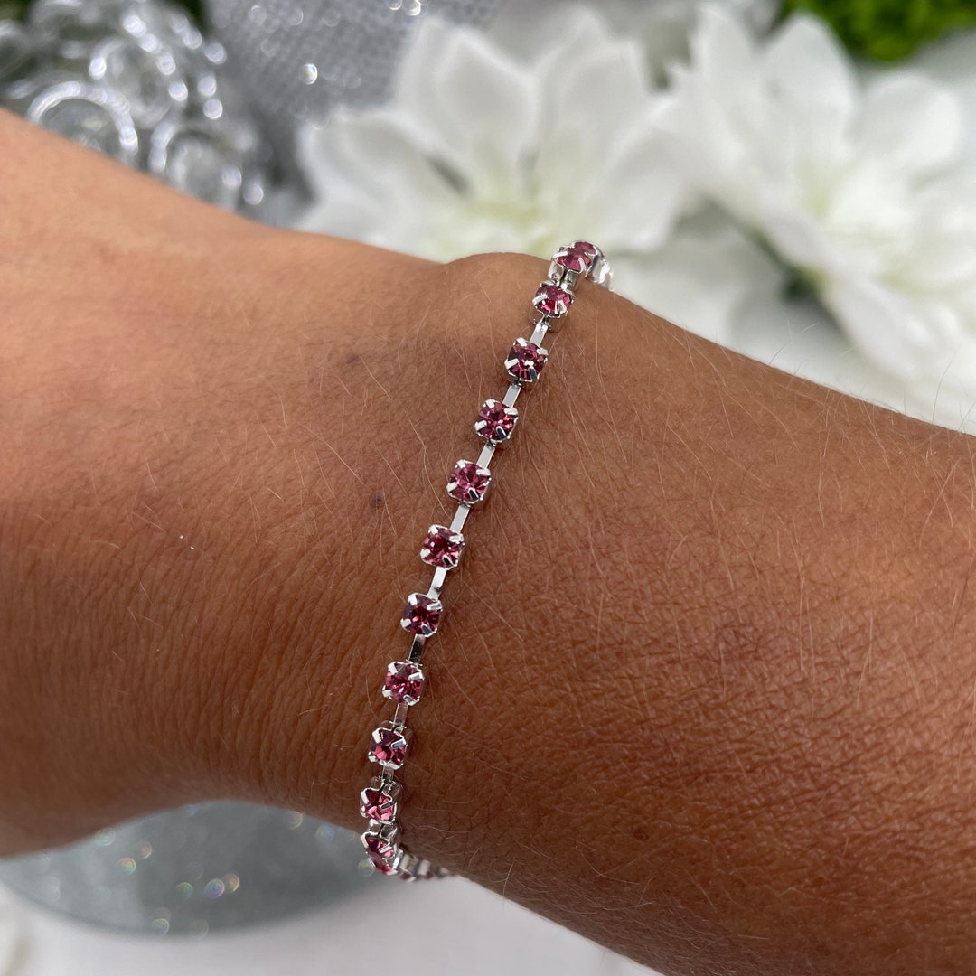 Pink Rhinestone Bracelet Pink Crystal Bracelet Silver Chain Etsy