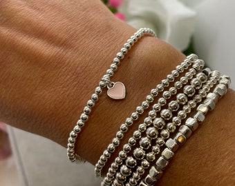 Silver Beaded Bracelet, Silver Bead Bracelet, Bracelet for Women, Pink. Heart Bracelet, Stretch Bracelet, Stacking Bracelet, Charm Bracelet