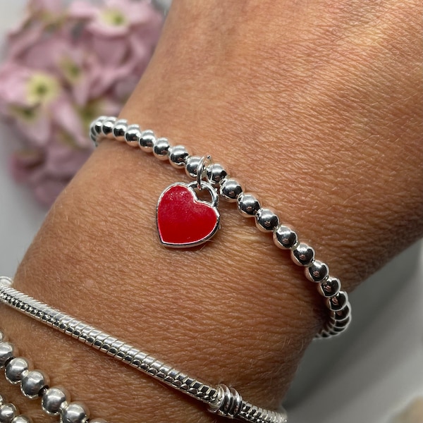 Sterling Silver 925 Beaded Bracelet,Heart Bracelet,Charm Bracelet,Bracelet for Women,Gift for Her,Valentines Gift, Silver Bracelet