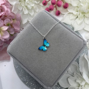 Blue Butterfly Silver Necklace, Butterfly Necklace, Necklaces for Women, Butterfly Pendant Necklace, Butterfly Gift, Colourful Necklace