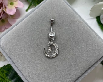 Crystal Moon Dangle Belly Bar, Crystal Belly Bar, Silver Moon Belly Bar, Body Jewellery, Belly Piercing, Belly Bar