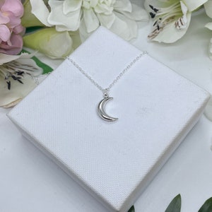 May include: A silver crescent moon pendant necklace on a silver chain. The necklace is displayed on a white box.